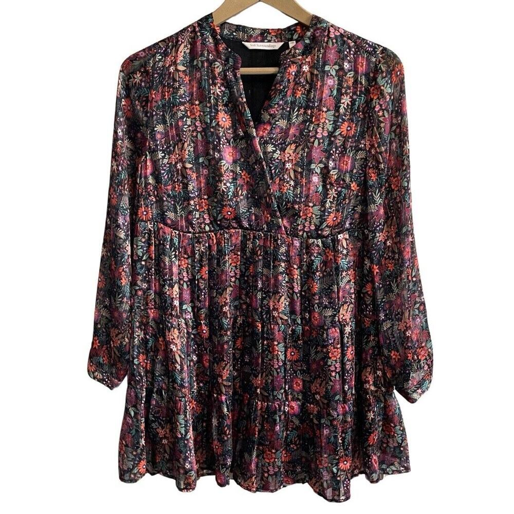 Soft Surroundings Tiered Tunic Dress Size XSP Petite Castile Black Floral Lined